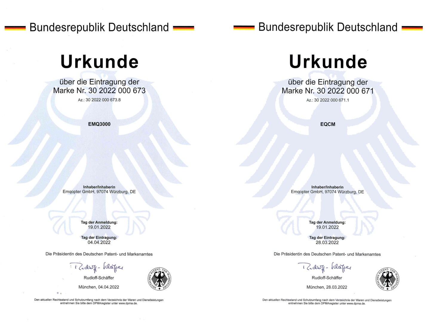 Die beiden Marken EMQ3000 und EQCM wurden kürzlich in das Markenregister aufgenommen und markenrechtlich geschützt