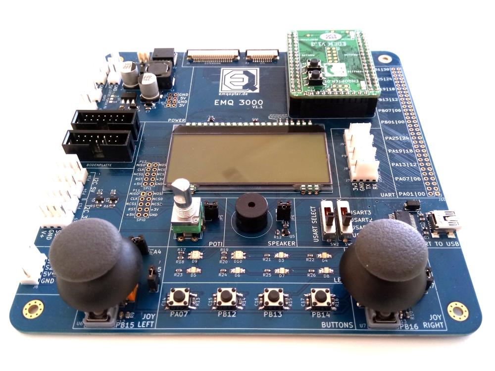 Das EMQ 3000 Development Board kommt zusammen mit dem 32bit AVR Controller mit vielen Features für die Embeddded-Programmierung!