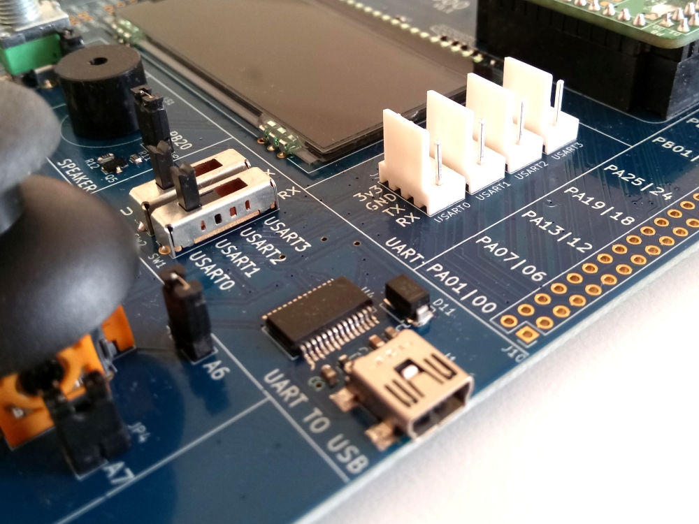 Ein intelligentes Kommunikationsinterface mit integrierter USB - Bridge ermöglicht die serielle Kommunikation über 4 unabhängige USART Kanäle!